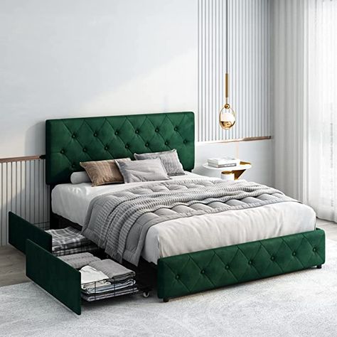 Amazon.com: Modern Velvet Upholstered Bed Frame with 4 Drawers, Button Tufted Headboard Design, Solid Wooden Slat Support, Easy Assembly, Queen Size, Green : Home & Kitchen Modern Upholstered Beds, Velvet Bed Frame, Bed Frame With Drawers, Led Bed Frame, Headboard Design, Velvet Upholstered Bed, Button Tufted Headboard, Fabric Headboard, Solid Wood Platform Bed