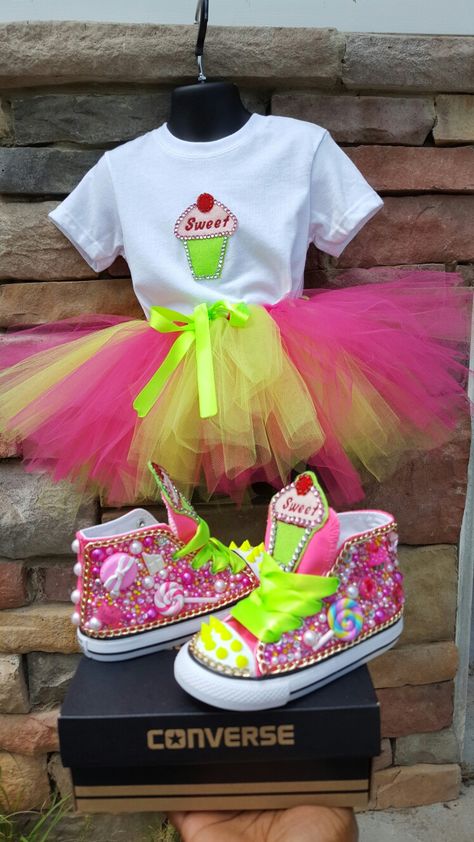 Candyland Tutu Set with matching Custom Converse Candyland Shoes, Bedazzled Shoes Diy, Kid Birthday Outfits, Diy Tutus, Candy Theme Birthday Party, Bedazzled Shoes, Candy Land Birthday Party, Bling Converse, Candyland Birthday