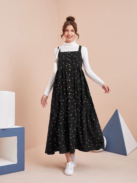 Free Returns ✓ Free Shipping On Orders $49+ ✓. Corduroy Heart Button Front Ruffle Hem Dress Without Tee- Women Dresses at SHEIN. Simple Frocks, Fashion Top Outfits, Modest Dresses Casual, Trendy Dress Outfits, Everyday Fashion Outfits, Muslim Fashion Outfits, Quick Outfits, Heart Button, Fashionista Clothes