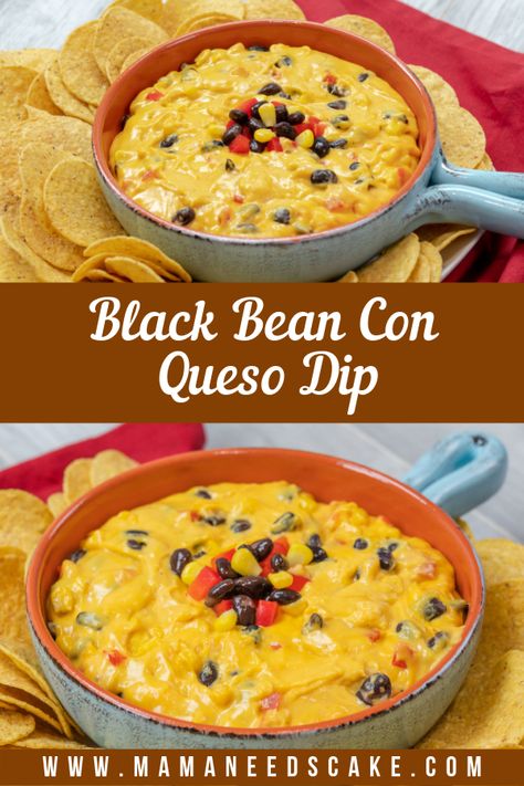 Black Bean Corn Con Queso Dip - Mama Needs Cake  #dips #partyfood #gamedayfood #gameday #quesodip #queso #copycatrecipes #blackbeans #partydip #foodblogger #foodblog #recipeideas #recipeseasy #tortillachips #cheesedip Queso Dip With Beans, Queso With Corn And Black Beans, Black Bean Corn Cream Cheese Dip, Black Bean And Corn Dip, Mexican Black Bean Dip Recipe, Corn Queso Dip, Corn Queso, Con Queso Dip, Buffalo Ranch Chicken Dip