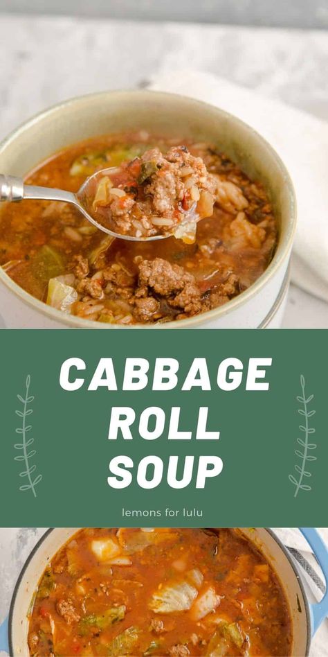 Cabbage roll soup is a great addition to your family’s meal plans! It is hearty, filling and totally delicious! You won’t find anything but comfort and good ingredients in this soup! Cabbage Roll Soup Recipe, Unstuffed Cabbage Roll Soup, Unstuffed Cabbage Rolls, Baked Cabbage, Unstuffed Cabbage, Cabbage Roll Soup, Cabbage Roll, Quick And Easy Soup, Cabbage Soup Recipes