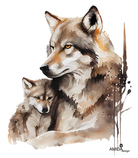 Mother Wolf with a Baby Watercolor painting with pastel brown and grey palette of colors. Wolf Watercolour Painting, Wolf Painting Tutorial, Watercolor Wolf Painting, Baby Watercolor Painting, Wolf Watercolor Painting, Wildlife Watercolor, Wolf Watercolor, Baby Watercolor, Beauty Of Motherhood