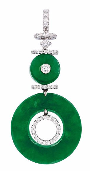 A Jadeite and Diamond Pendant Suspending a jadeite 'bi' disc measuring 20.1 mm x 9.6 mm x 4.3 mm, from a smaller jadeite disc and accented with round diamonds, mounted in 18k white gold Jade Jewelry Design, Jade Design, Jade Jewellery, 15 January, Chinese Jewelry, Jewelry Pendants, Gemstones Jewelry, Unique Jewelry Designs, Jade Jewelry