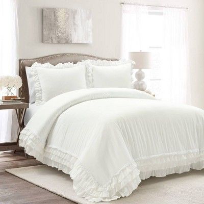 Read reviews and buy Lush Décor 3pc King Ella Ruffle Duvet Bedding Set White: Cotton Material, Machine Washable, No Fill at Target. Choose from contactless Same Day Delivery, Drive Up and more. Princess Ruffle Bedding, Love Shack Fancy Bed Sheets, White Textured Bedding, White Bed Comforter, Comforter Sets White, Kd Sorority, White Bed Comforters, White Comforter Bedroom, White Ruffle Bedding