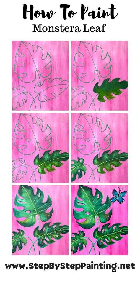 Monstera Leaf Aesthetic - Acrylic Painting Tutorial Jungle Theme Canvas Painting, Monstera Leaves Painting, How To Paint Monstera Leaf, Monstera Canvas Painting, Monstera Plant Painting Easy, Monstera Painting Acrylic Easy, Jungle Painting Acrylic Easy, Painting Ideas On Canvas Plants, Diy Plant Painting