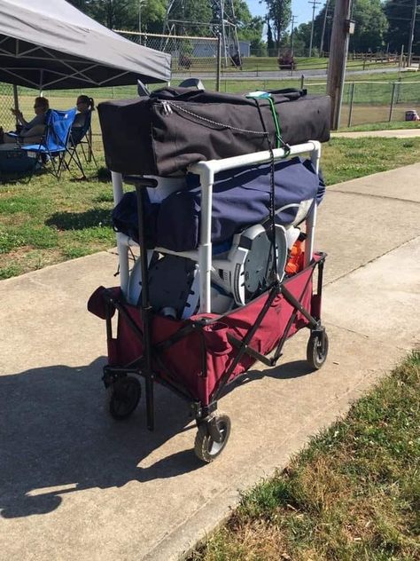 Sports Wagon Ideas, Football Organization Ideas, Softball Wagon Ideas, Baseball Wagon Organization, Travel Softball Mom Must Haves, Baseball Bags For Moms, Travel Baseball Mom, Sports Mom Bag, Softball Team Mom