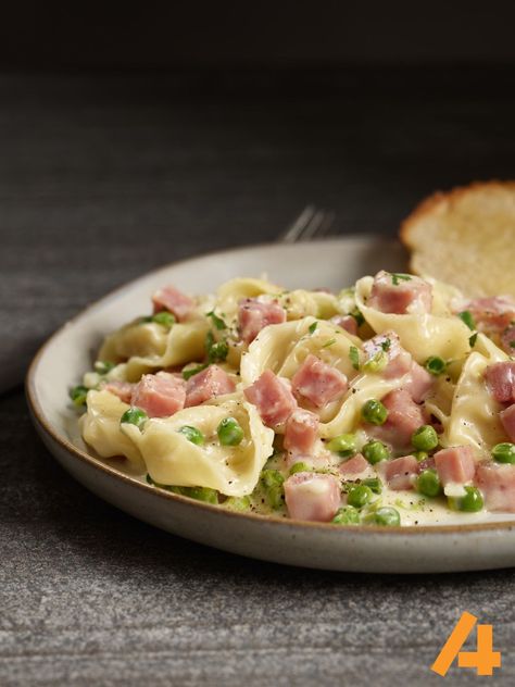 Ham, Peas, and Cheese Tortellini | Smithfield Peas And Cheese, Ham Steak Glaze, Cubed Ham, Pork Gyros, Cheese Tortellini Recipes, Tortellini Alfredo, Tortellini Recipe, Pork Tenderloin Sandwich, Pork Lettuce Wraps