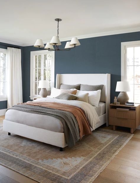 Shop Grasscloth + Textured Wallpaper Navy Seagrass Wallpaper, Dark Blue Grasscloth Wallpaper, Main Bedroom Accent Wall, Wallpaper Primary Bedroom, Dark Blue Feature Wall Bedroom, Bedroom Blue Accent Wall, Bedroom Accent Wall Colors, Blue Accent Bedroom, Navy Accent Wall Bedroom