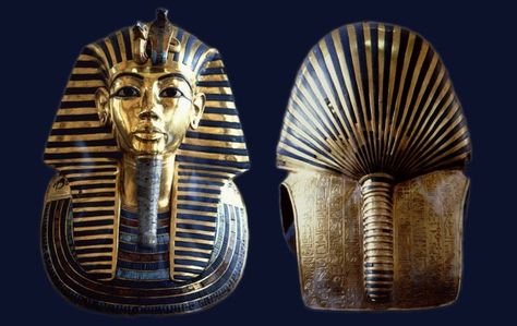 18th Dynasty Nemes of King Tut front and back The mythical Uraeus, worn by gods & kings, was often combined with this headdress & symbolized the power & dominion on virility & prosperity of the land.  He is the only pharaoh depicted with the Nemes headdress with both the Uraeus and the vulture. Does it possibly symbolize his divinity as the 'feathered serpent'. Just like Quetzalcoatl, the serpent god in Aztec mythology as this source author suggests? King Tut Mask, Egyptian Headdress, Kemet Egypt, Feathered Serpent, Egypt Jewelry, Ancient Egypt History, Egypt History, Ancient Origins, Tutankhamun