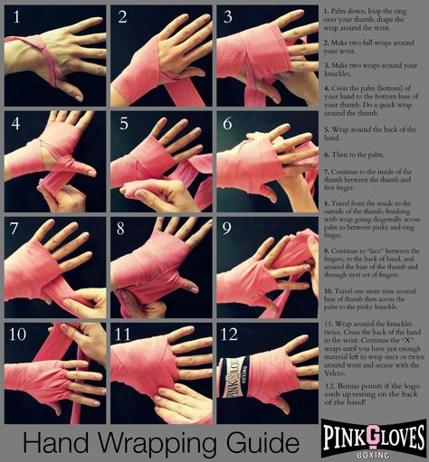 Hand Wrapping Guide:  There are many ways to wrap the hand, and there definitely isn't one “best” way. But there  is the “PGB” way, which insures protection for three important areas: thumb, knuckles, and wrist.  General notes while you wrap: Keep your palm facing down to keep the same point of reference. Keep your thumb and fingers wide (splayed out).  #pinkglovesboxing #PGB #handwrapping #boxinghandwrapping #boxing #fitness #handwrappingguide #handwraphowto #womenboxing #empowerment #boxer How To Wrap Boxing Wraps, Hand Wrapping, Kick Boxing Girl, Boxing Training Workout, Boxing Hand Wraps, Boxe Thai, Hand Wraps, Trening Sztuk Walki, Boxing Fitness