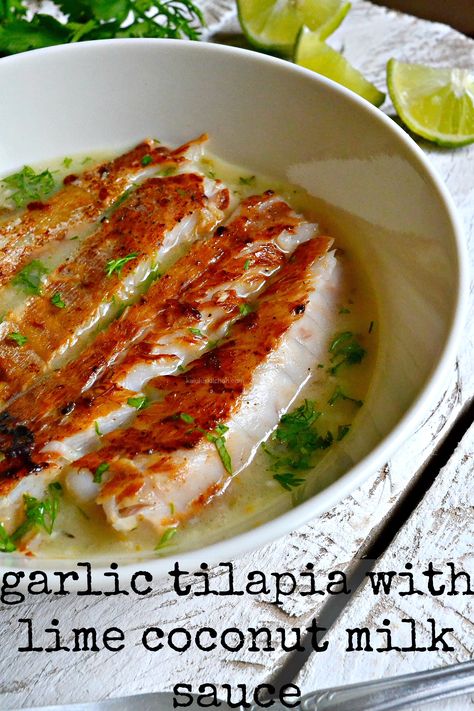 Garlic Grilled Tilapia Fillet in Lime Coconut Milk Sauce – Kaluhi's Kitchen Tilapia Fillet, Coconut Milk Sauce, Good Fish, Fish Board, Grilled Tilapia, Grilled Fish Recipes, Tilapia Recipes, Coconut Milk Recipes, Fish Recipes Healthy