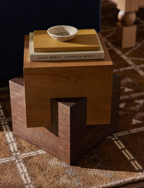 Our Brayden side table offers more than surface space; it brings a sculptural statement to the room. Two interlocking blocks of wood are stacked at an angular offset in dual finishes to accentuate the unique joinery and artful silhouette. This wood end table is the perfect way to add natural grain texture to a modern edit. Unique End Tables Bedroom, Unique Wooden Side Table, Sofa Side Table Modern, Sectional Side Table, Square Wood Side Table, Cool End Tables, Two Tone Side Table, Square Side Table Decor Living Room, Wood Side Tables In Living Room