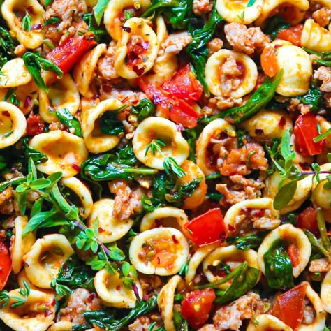 Sausage Orecchiette with Spinach and Tomatoes (30-Minute Meal) Penne Pasta With Italian Sausage And Spinach, Orichette Sausage Spinach, Orchetta Pasta With Sausage, Orcchettie Pasta With Sausage, Orrechiette Recipes Italian Sausages, Orcchettie Pasta Recipes, Orecchiette Pasta Recipes, Easy Italian Pasta, Sausage Spinach Pasta