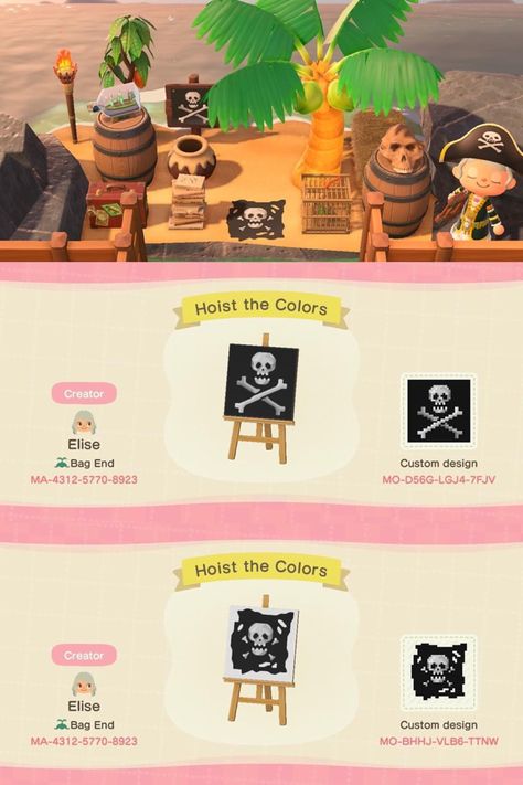 Acnh Pirate Ship Design, Animal Crossing Pirate Design, Animal Crossing Pirate Beach, Pirate Acnh Codes, Acnh Pirate Flag Design, Acnh Pirate Beach, Acnh Spooky Beach Ideas, Acnh Pirate Island, Acnh Pirate Design Code