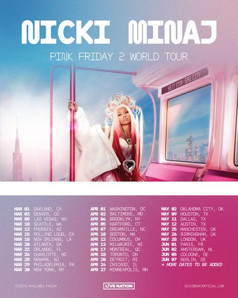 The one and only Queen of Hip-Hop Nicki Minaj has officially announced the dates and venues on her worldwide outing in 2024, Nicki Minaj Presents: Pink Friday 2 World Tour. The Barbz have eagerly anticipated her touring return with headline arena shows in North America and Europe, including festival appearances at Rolling Loud California and Dreamville Festival. Nicki Minaj Tour, Nicki Minaj Concert, Pink In Concert, Nicki Minaj Pink Friday, Nicki Minaj Photos, Rolling Loud, Global Icon, Excited To See You, Laneige Lip Sleeping Mask