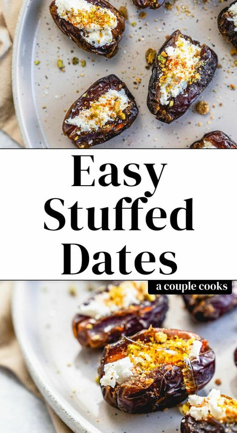 Here's an easy finger food recipe: goat cheese stuffed dates! They're quick to make, and the sweet and savory combo keeps everyone coming back for more. #dates #stuffed #vegetarian #fingerfood #party #appetizer Appetizer Recipes No Cheese, Dates And Goat Cheese, Goat Cheese Stuffed Dates, Cheese Stuffed Dates, Dates Stuffed, Easy Finger Food, Raw Brownies, Stuffed Dates, No Cook Appetizers