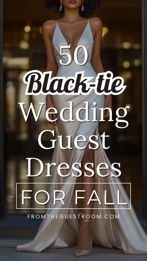 a woman wears fall wedding guest dress for black tie wedding Fall Black Tie Wedding, Black Tie Wedding Guest Dress Fall, Black Tie Fall Wedding, Black Tie Wedding Guest Attire, October Wedding Guest Outfits, Wedding Guest Dress Black Tie, Country Wedding Guest Dress, November Wedding Guest Outfits, Black Tie Wedding Guest Dresses