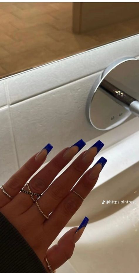 Coffin Dark Blue French Tip Nails, French Nails Royal Blue, Square Acrylic Nails Royal Blue, Deep Blue French Tip Nails, Electric Blue French Tips, Ballerina Blue Nails, Ballerina Summer Nails, Royal Blue Nails French Tips, Acrylic Nails Blue And White