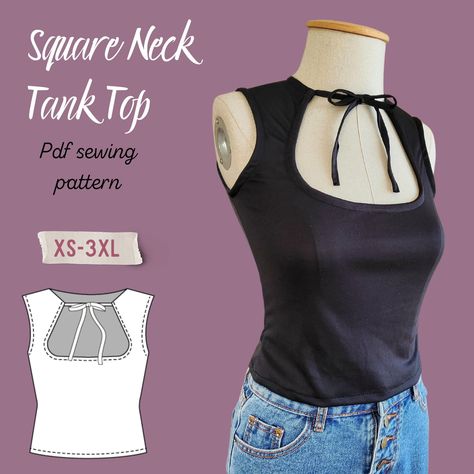 Square Neck Tank Top PDF Sewing Pattern - Tie Front Crop Top - Printable Sewing Pattern - Beginner Friendly - Sewing Pattern in Sizes XS-3XL Sew Square Neck Top, Halter Neck Pattern Sewing, Sewing For Boyfriend, Cute Shirt Patterns, Cowl Neck Tutorial, Square Neck Tank Top Sewing Pattern, Sewing Pattern Summer Top, Sewing Tank Tops Pattern, Sewing Patterns Y2k