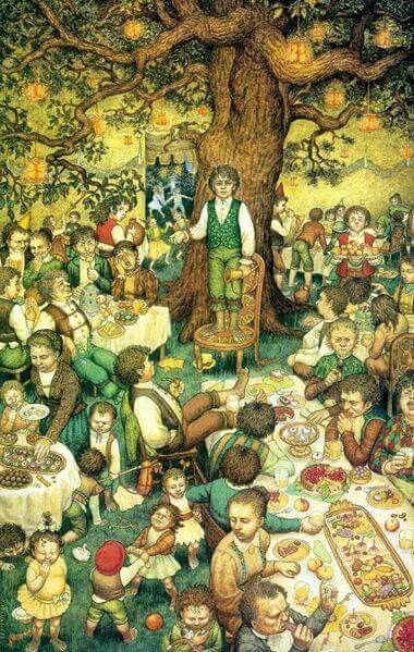 Bilbo's birthday party Hobbit Life, Tolkien Artwork, Hobbit Book, Lord Of Rings, Tolkien Illustration, Tolkien Hobbit, John Howe, Hobbit Art, Middle Earth Art