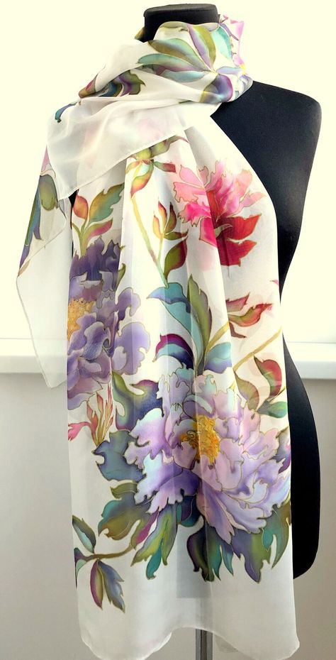 Hand-painted Silk Scarf Wedding Silk Scarf White Silk Scarf - Etsy White Silk Scarf, Wedding Shawls, Floral Shawl, Making Clothes, Painted Scarf, Silk Scarf Painting, Hand Painted Silk Scarf, Painted Silk, Silk Shawl