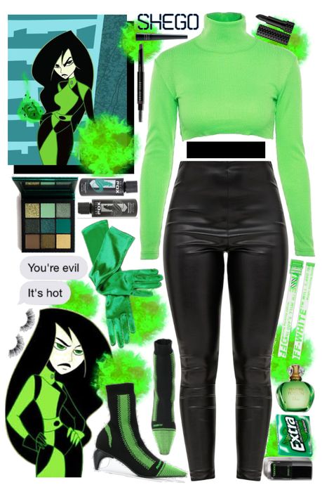 She Go And Kim Possible Costume Idea, Shego Outfit Ideas, Héros And Villians Costume, She Go Halloween Costume, Shego Halloween Costume Diy, Easy Cool Halloween Costumes, Shego And Kim Possible Costume, Diy Shego Costume, Kim Possible And Shego Costume