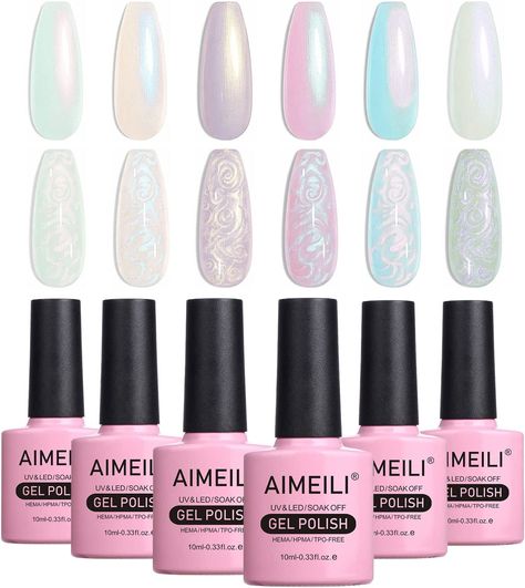 AIMEILI Pearl Shell Gel Set: You will get 6pcs 10ml Shell Gel Nail Polish. With AIMEILI Pearl Effect Gel Polish Kit, you can create many beautiful seashell style manicures. Long Lasting: wears shiny for 21 days, like polish, wears like gel, goes off in minutes. Mermaid Nail, Infinity Nails, Pedicure Nail Designs, Color For Nails, Glitter Manicure, Mermaid Nails, Pearl Nails, Gel Nail Polish Set, Gel Polish Colors