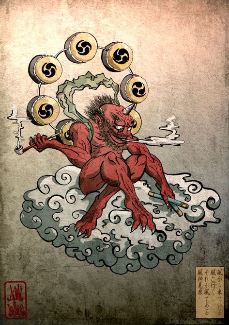 Raijin- thunder god Raijin Tattoo, Japanese Myth, Japanese Monster, Japanese Mythology, Japanese Drawings, Japanese Artwork, Japanese Illustration, Traditional Japanese Art, Japan Tattoo