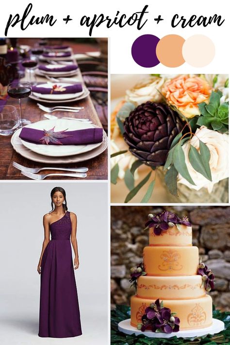 Gorgeous fall wedding inspiration #plumapricotcreamweddingideas #fallweddings #plum #eggplant #purple #orange #wedding Purple And Rust Wedding, Plum Orange Wedding, Orange And Plum Wedding, Deep Purple And Burnt Orange Wedding, Purple And Orange Wedding Ideas, Orange And Purple Wedding Theme, Plum Peach Wedding, Purple And Orange Wedding Decorations, Plum And Orange Wedding