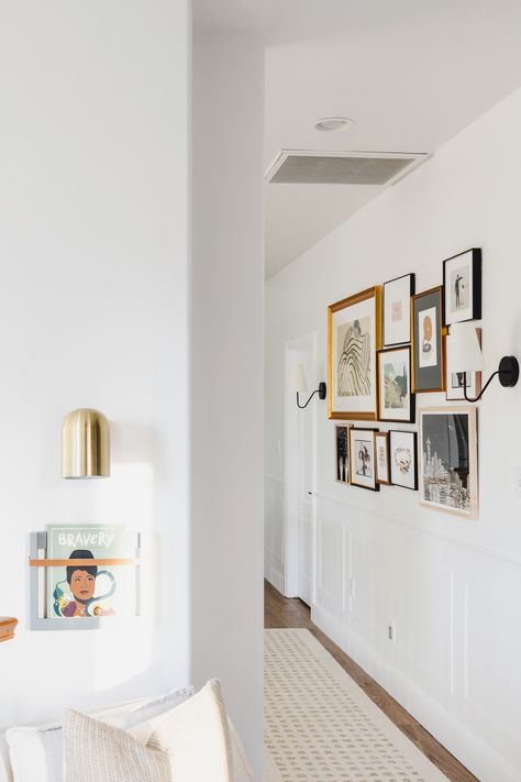 A Gallery Wall in Our Hallway Upstairs | Abbott Abode Top Of Stairs Gallery Wall, Gallery Wall With Sconces, Stairs Gallery Wall, Hallway Upstairs, Gallary Wall, Stairs And Hallway Ideas, Hanging Sconces, Hallway Pictures, Hallway Gallery Wall