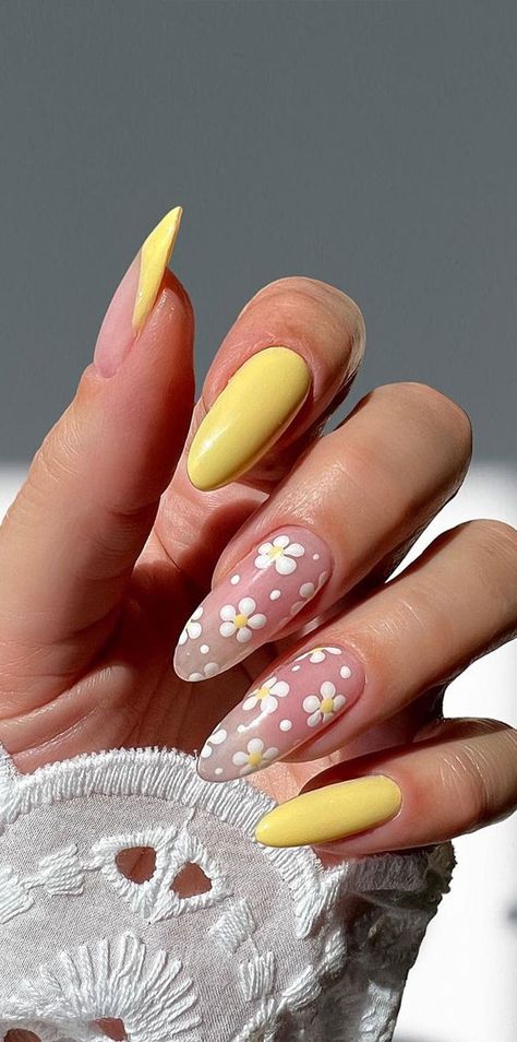 flower nails, flower nail art, flower nails designs, cute flower nails, pink floral nails, short nails flower, daisy nails, ditsy nails, flower and french tip nails 3d Daisy Nails, Nail Designs Yellow, Spring Nail Polish Colors, Yellow French, Sheer Nails, Nails Flower, Spring Nail Polish, Trendy Shades, Daisy Nails