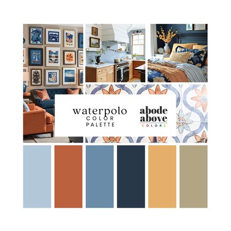 ✦ About this Palette ✦ Waterpolo is a harmonious blend of soft deep blues, earthy tones, and warm neutrals. It features a range of hues from soothing light blues and muted greens to deep navy and rich terracotta, perfect for creating a balanced and inviting atmosphere in any space. Ideal for those looking to infuse a sense of comfort and style into their interiors, this palette is versatile enough for various design aesthetics, from modern to rustic. Use it to add a touch of warmth and vibrancy Navy Orange Yellow Color Palette, Color Pallet With Navy Blue, Green Blue And Terracotta Color Scheme, Blue And Gold Palette Colour Schemes, Blue Orange Gold Color Palette, Colorful Living Room Palette, Navy Fall Color Palette, Blue Orange Living Room Color Scheme, Saltillo Tile Color Palette