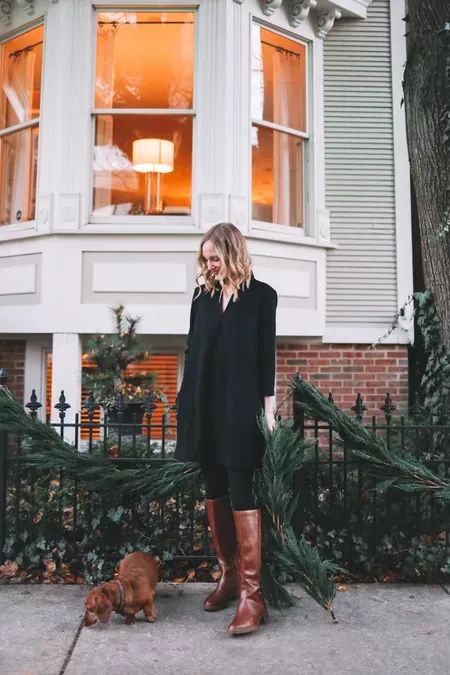 Knee High Boots Outfit Date Night, Date Night In Winter Outfit, Black Dress And Brown Boots, Knee High Brown Suede Boots Outfit, Brown Over Knee Boots Outfit, Brown Boots Black Tights, Dark Brown Tall Boots Outfit, Calf Black Boots Outfit, Brown Boots With Black Leggings