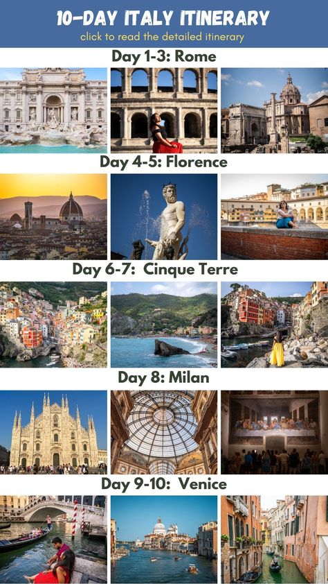 This Italy itinerary will help you plan your perfect first trip as you visit iconic cities and attractions. Read for a detailed guide with a day-by-day breakdown of what to do, where to stay, and how to get around, so you can have your itinerary ready before the trip and focus on having a fabulous time while you’re in Italy! Itinerary For Italy, Vatican Italy, 10 Days Italy Itinerary, Italy Travel Destinations, Things To See In Italy, Italy Greece Itinerary, Italy Travel Plan, Europe Itinerary 10 Day, Italy Itinerary 1 Week