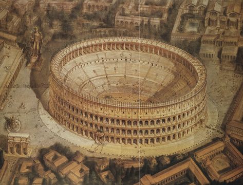 The Flavian Amphitheatre (Coliseum). Reconstruction of Bruno Brizzi.  Rome, Flavian Amphitheatre (Coliseum) Marshal Arts, Ancient History Archaeology, Colosseum Rome, Rome Antique, Roman Architecture, Roman History, Glory Days, Ancient Architecture, Historical Architecture