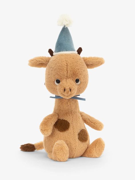 Giraffe Soft Toy, Giraffe Stuffed Animal, Jellycat Stuffed Animals, Animal Birthday Party, Good Spirits, Fancy Hats, Get The Party Started, Blue Hat, Animal Birthday