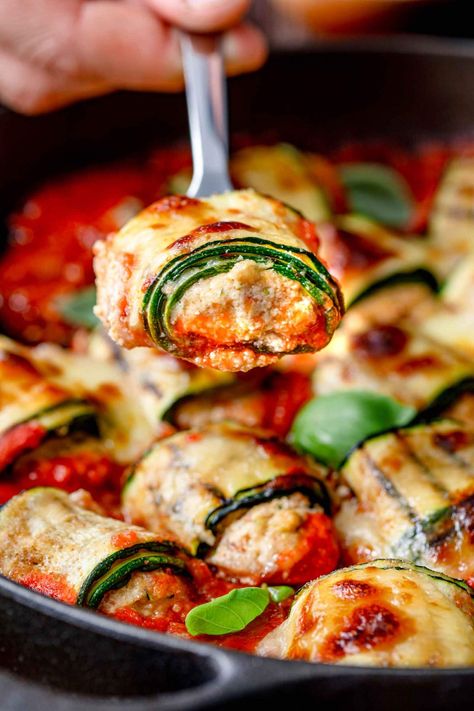 Zucchini Roll-Ups or Involtini is a simple zucchini recipe. Stuff the zucchini with ricotta and mascarpone, roll it, and bake it in fresh tomato sauce. Serve it for a light family-meal or for a warm summer appetizer. #jernejkitchen #zucchini #zucchinirecipes #involitni #rollups Zucchini Roll Up Bake, Zucchini Roll Bake, Zucchini Ricotta Roll Ups, Zucchini Rollups With Ricotta, Zucchini Rollups, Zucchini Roll Ups, Zucchini Dinner, Zucchini Roll, Squash Dishes