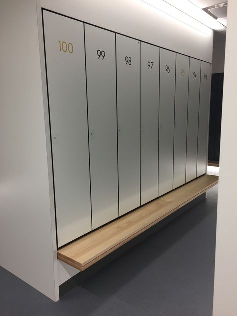 Beautiful employee locker room storage with bench seating. Modern Locker Room, Lockers With Bench, Staff Lockers, Employee Lockers, Gym Design Interior, Locker Designs, Office Lockers, Gym Lockers, Gym Interior