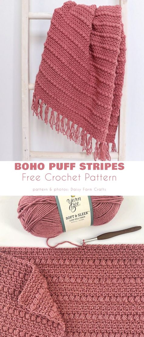 Easy Crochet Throws For Beginners, Crochet Tassel Blanket, Modern Crochet Baby Blanket Patterns Free, Yarn Saving Crochet Blanket, Crochet Weekend Blanket, Boho Puff Stripes Blanket, Living Room Crochet Blanket, Free Crochet Textured Blanket Patterns, Boho Stripes Crochet Blanket