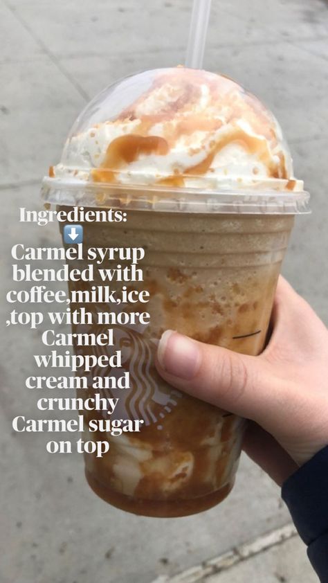 Carmel crunch ribbon Starbucks Frappe Recipe, Starbucks Caramel Drinks, Caramel Drinks, Starbucks Drink Menu, Pink Drink Recipes, Starbucks Secret Menu Recipes, Fast Food Drinks, Fun Drink Recipe, Frappe Recipe