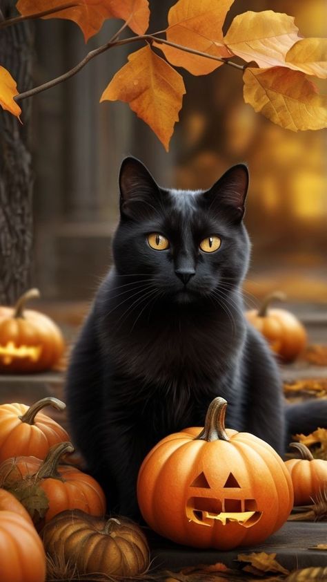 Black Cat Wallpaper Halloween, Cats Facts, Spooky Cats, Halloween Black Cats, Foxhound Dog, Soft Kitty Warm Kitty, Fall Cats, Malamute Dog, Halloween Symbols