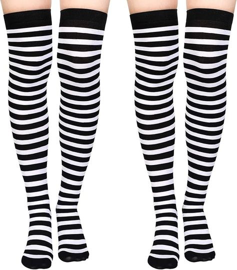 SATINIOR 2 Pairs Women Socks Over Knee Girl Long Opaque Striped Thigh High Socks (White and Black,Classic) at Amazon Women’s Clothing store Striped Thigh High Socks, Womens Knee High Socks, Black And White Socks, Boo Basket, Black Thigh High, Thigh High Socks, Women Socks, Striped Socks, Long Socks