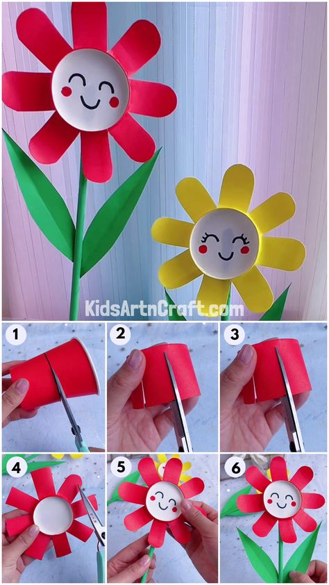 Simple To Make Paper Cup Flower Craft For Preschoolers Check more at https://www.kidsartncraft.com/paper-cup-flower-craft-for-preschoolers/ Flower Crafts For Kids, Preschool Craft Activities, Paper Flower Wall Art, Paper Cup Crafts, April Crafts, Spring Fun, Cup Crafts, Mothers Day Crafts For Kids, Paper Flower Wall