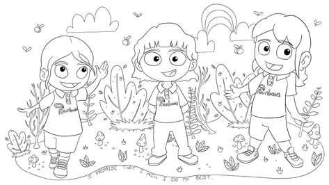 A colouring page aimed at Rainbows and their leaders. Rainbow Rangers Coloring Pages, Rainbow For Coloring, Rainbow Guides Activities, Rainbows Coloring Pages, Sharing A Rainbow Drawing, Rainbow Promise, Rainbow Printable, World Thinking Day, Rainbow Crafts