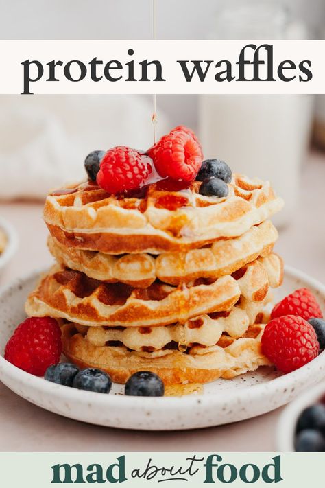 High Protein Waffle Recipe, Protein Waffle Recipe, 20g Of Protein, Protein Waffles, Freezer Meal Prep, Waffle Recipe, Gluten Free Flour Blend, Sugar Free Syrup, Belgian Waffles