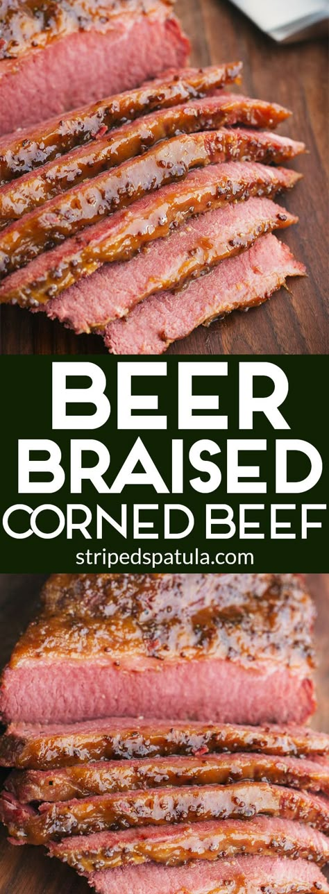 Juicy beer braised corned beef, glazed with an irresistible mixture of brown sugar, whole grain mustard and whiskey, will take your St. Patrick’s Day celebration to the next level! Braised Corned Beef, Baked Corned Beef, Smoked Corned Beef, Brisket Seasoning, Whole Grain Mustard, Corned Beef Brisket, Corned Beef Recipes, Traeger Recipes, Jewish Food