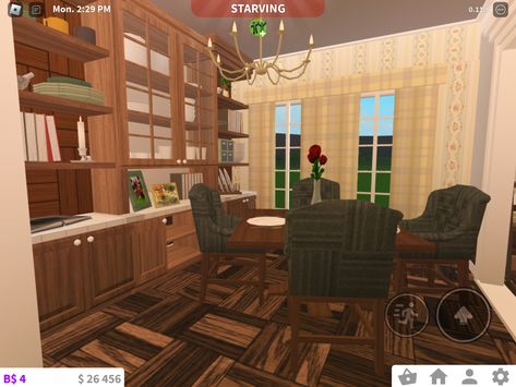 A retro small dinning room made in bloxburg (feel free to copy or use inspo) Bloxburg Retro House, Room Indie, 70s Living Room, Room Retro, Bloxburg Houses, Bloxburg House, Dining Room, Feel Free, Living Room