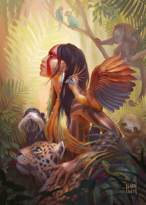 ArtStation - Kayapo - painting for the GROW: a rainforest charity artzine , Iga "Igson" Oliwiak Amazon Forest, Native American Pictures, The Amazon Rainforest, Rpg Characters, Spiritual Artwork, The Rainforest, Forest Painting, Art Brut, People Living