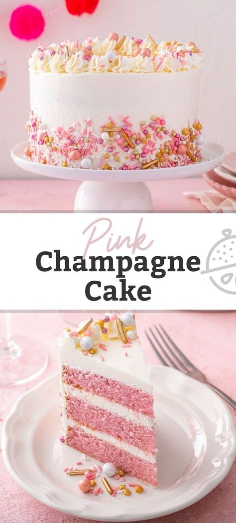 Pink Champagne Cake Recipe, Champagne Cake Recipe, Boozy Cakes, Swiss Meringue Buttercream Frosting, Meringue Buttercream Frosting, Cake Shake, Champagne Recipe, Pink Champagne Cake, Champagne Cake