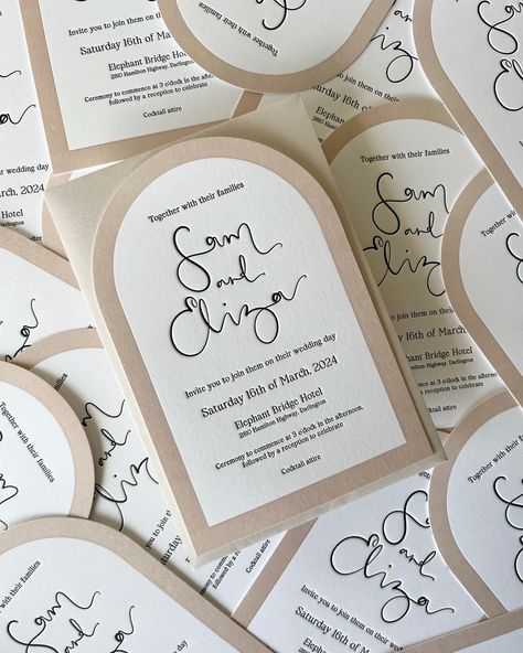 Sam & Eliza’s invites might just be up there as one of my favourite neutrals 😚 Details - Arch, 120x180mm - Letterpress: We letter-pressed the text and the border to give a raised feel to the center of the invite - Names in calligraphy - Almond envelopes Price Guide (80 invites + envelopes) - $820.00 #letterpress #letterpressinvitations #weddinginspiration #weddinginspo #weddinginvitations #calligraphy #modernwedding #neutral #inkandrosescalligraphy #warrnamboolwedding Letter Pressed Wedding Invitations, Names In Calligraphy, Pressed Wedding Invitations, Letterpress Invitations, Price Guide, The Text, Line Art Drawings, Letterpress, Wedding Modern